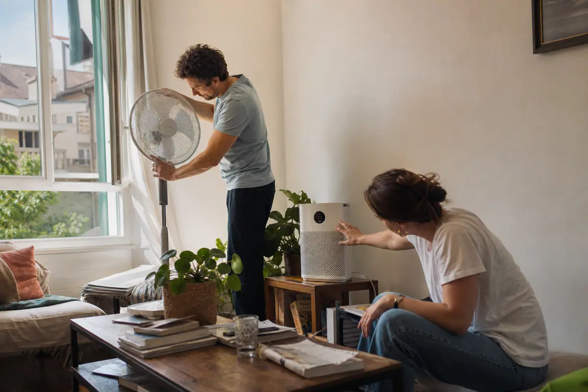 Un couple règle un ventilateur et un appareil de qualité d'air dans leur salon