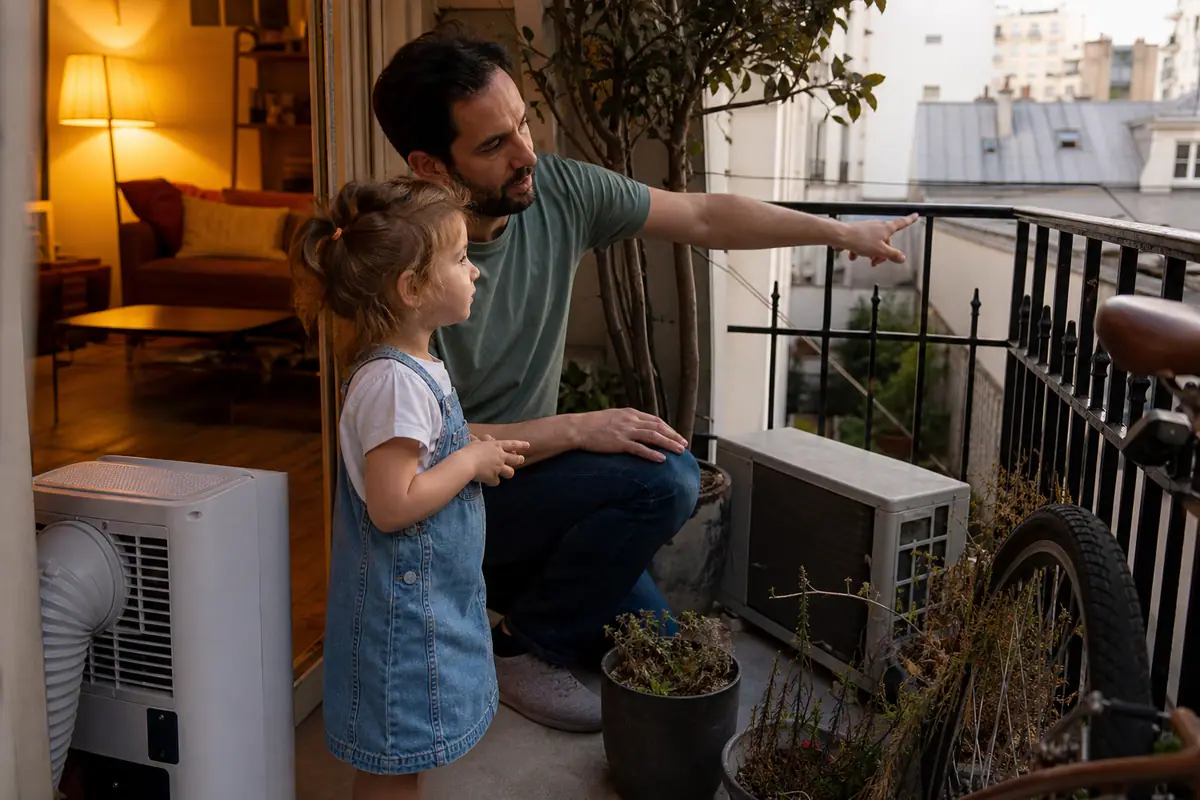 Un père montre à sa fille l'unité extérieure d'un climatiseur split portable posée sur leur balcon