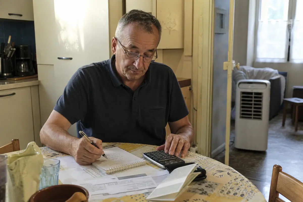 Un homme calcule le coût électrique de son climatiseur mobile à partir de sa facture d'énergie sur la table de sa cuisine