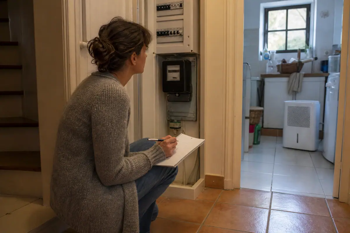 Une femme relève son compteur électrique près de la buanderie où fonctionne un déshumidificateur