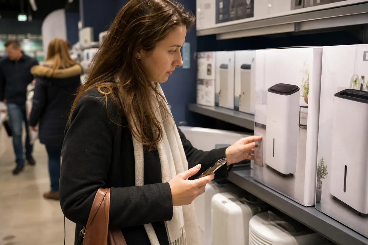 Une jeune femme compare les fiches techniques de deux déshumidificateurs dans un magasin