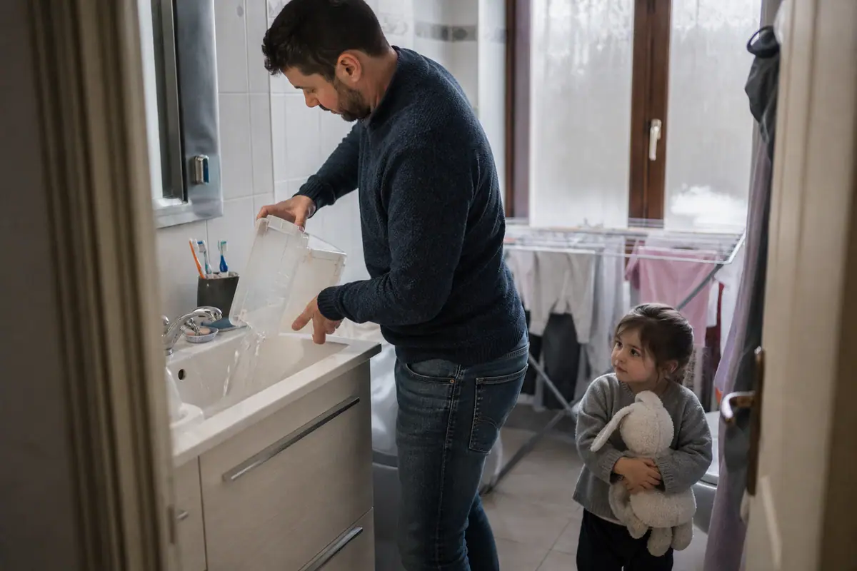 Un père vide le réservoir d'un déshumidificateur dans le lavabo sous le regard de sa petite fille