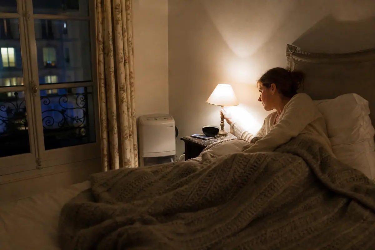 Une femme éteint sa lampe de chevet le soir, un déshumidificateur compact fonctionne discrètement près de la fenêtre