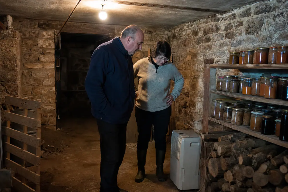 Un couple examine un déshumidificateur installé dans une cave en pierre non chauffée