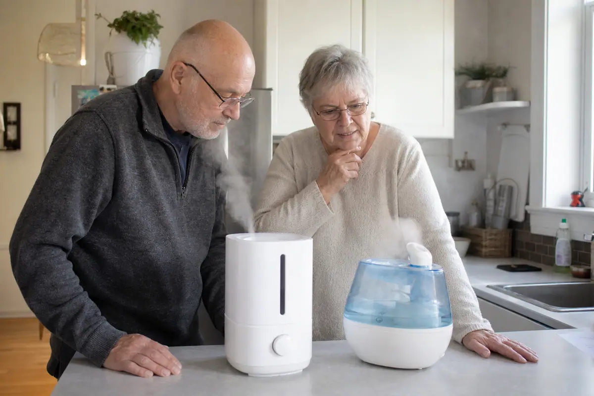Un couple de retraités compare un humidificateur à vapeur chaude et un humidificateur ultrasonique sur leur plan de travail