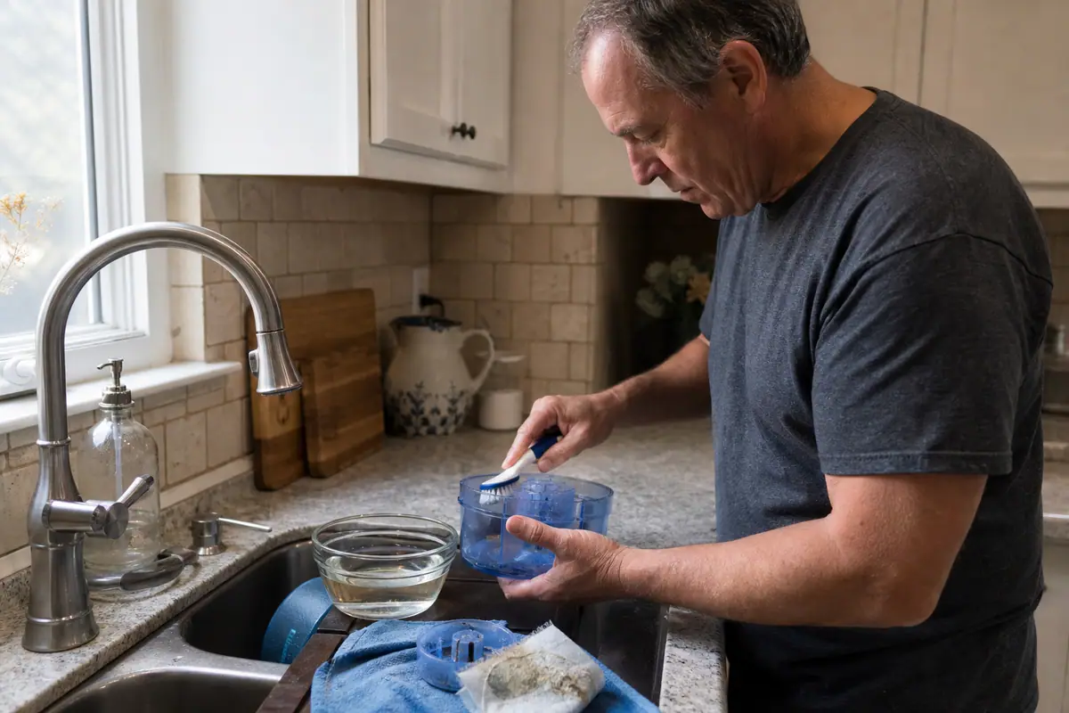 Un homme nettoie le réservoir d'un humidificateur avec du vinaigre blanc pour éviter le calcaire