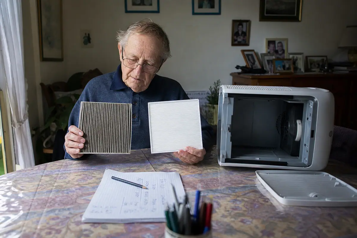 Un homme âgé compare un filtre de purificateur d'air usagé et un filtre neuf sur la table de sa salle à manger