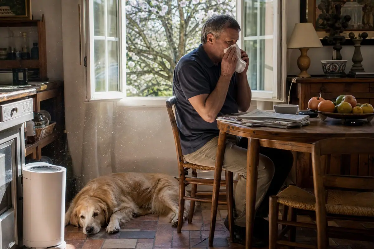Un homme allergique se mouche dans sa cuisine au printemps, son chien à ses pieds et un purificateur d'air à proximité