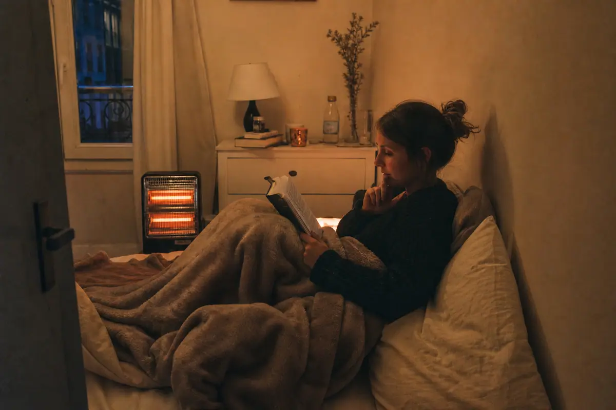 Une femme lit dans son lit le soir avec un radiateur d'appoint silencieux allumé dans la chambre