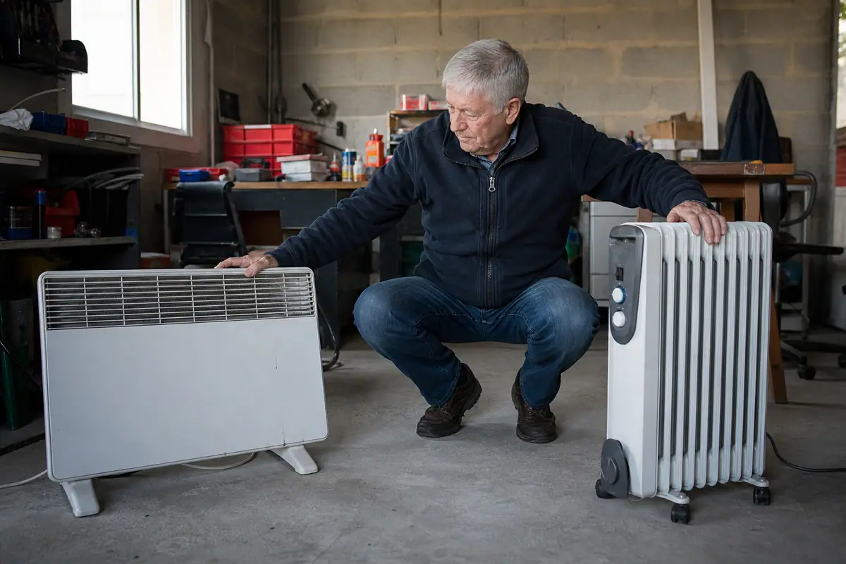 Un homme compare deux radiateurs d'appoint de technologies différentes avant de choisir