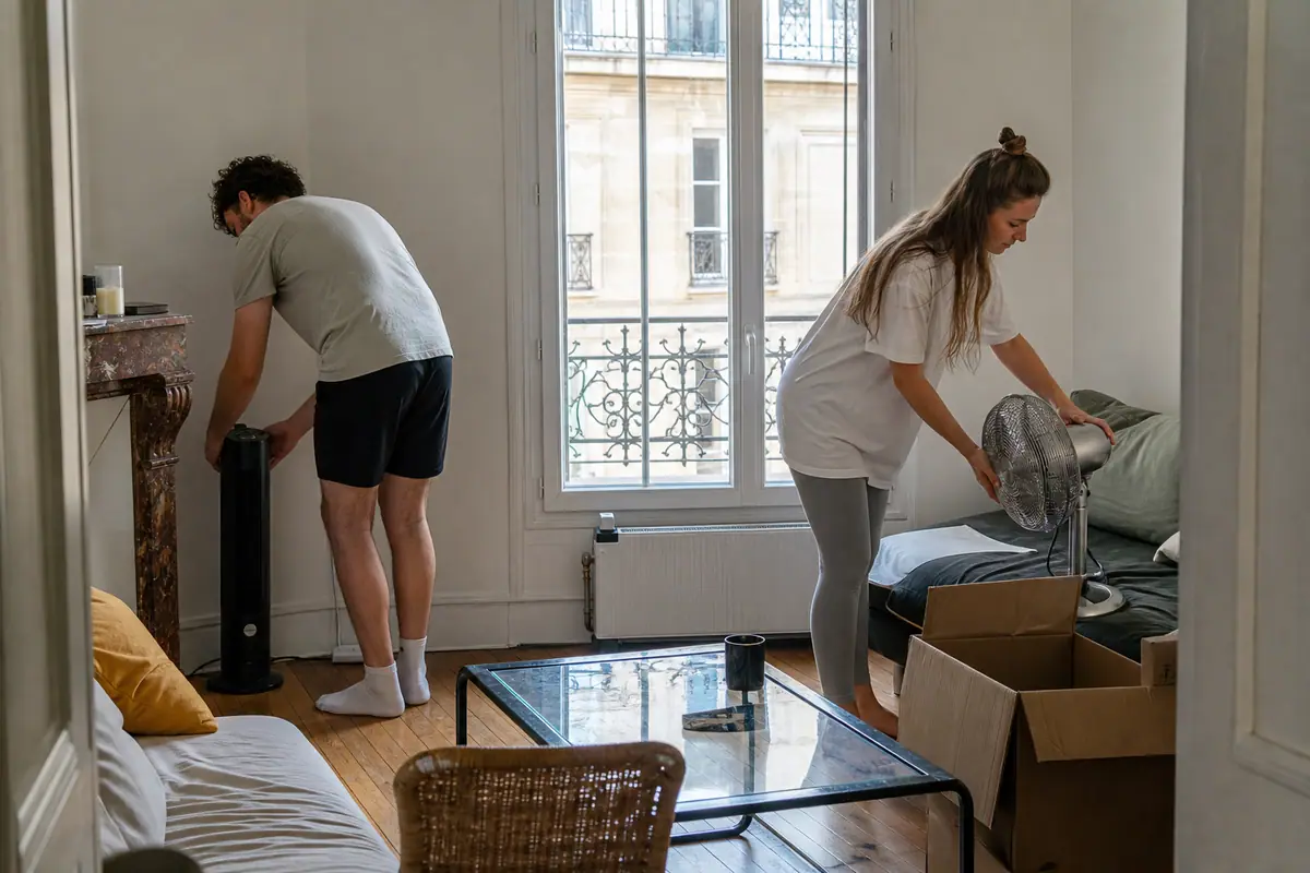 Un couple installe un ventilateur colonne et un ventilateur sur pied dans leur salon