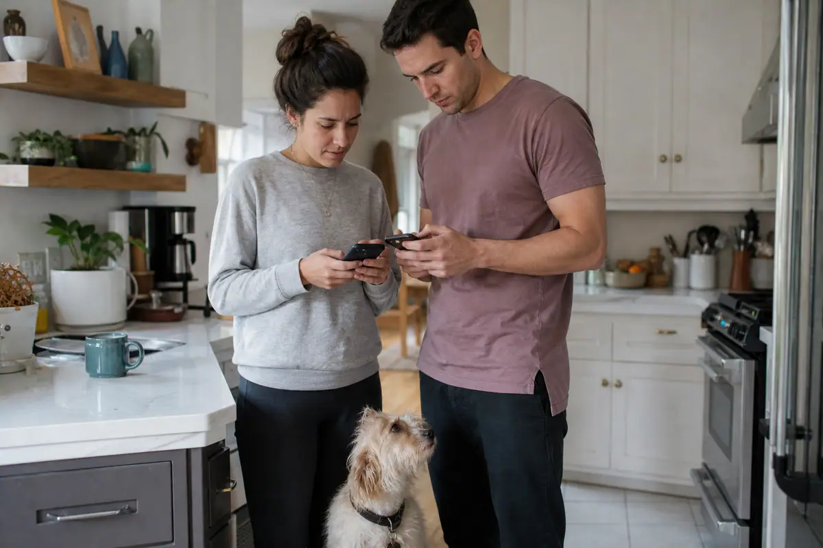 Un couple compare sur leurs smartphones deux applications de caméra avant de choisir un modèle pour leur chien