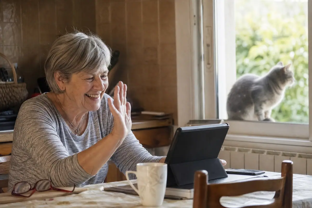 Une femme consulte sur sa tablette la caméra qui surveille son chat installé sur le rebord de la fenêtre
