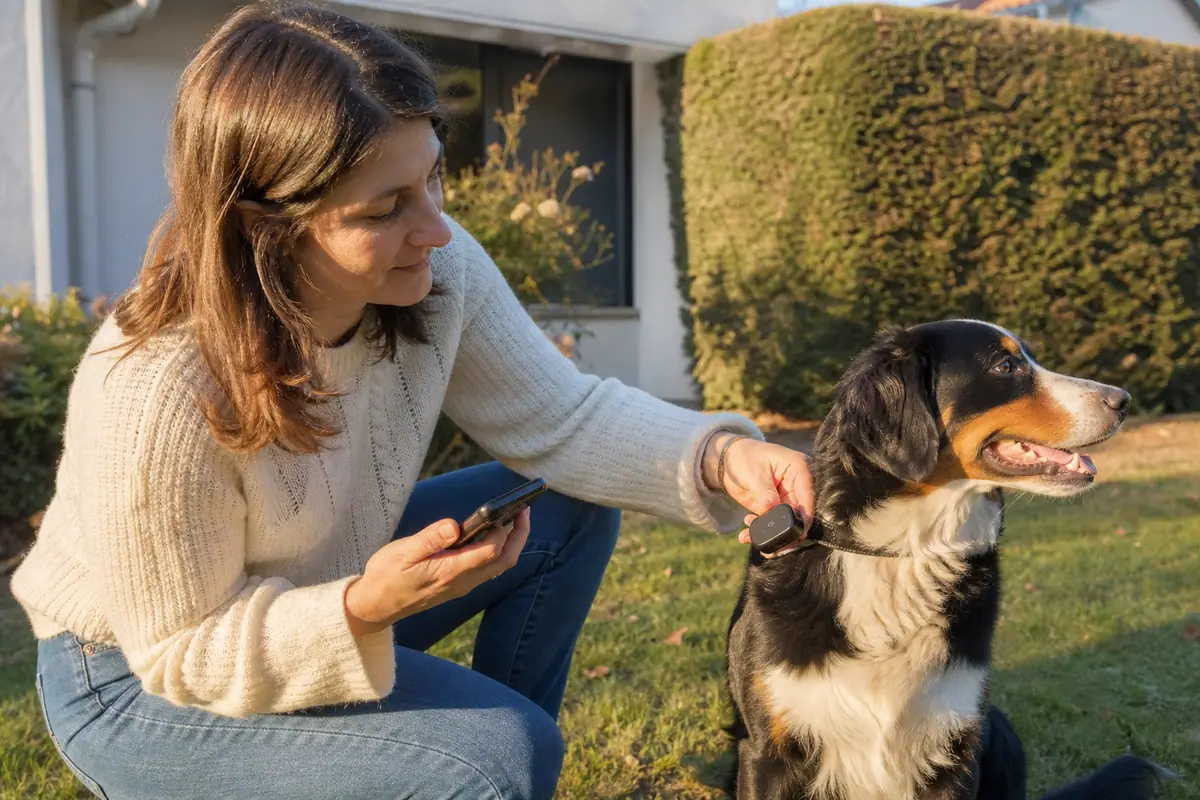 Une femme fixe un petit boîtier GPS sur le collier de son chien avant une promenade