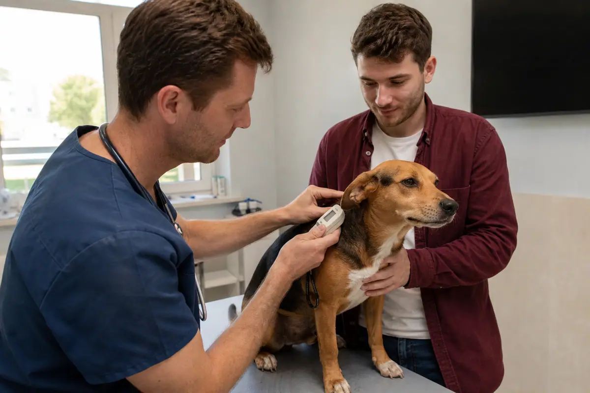 Un vétérinaire scanne la puce électronique d'un chien pendant que son propriétaire observe