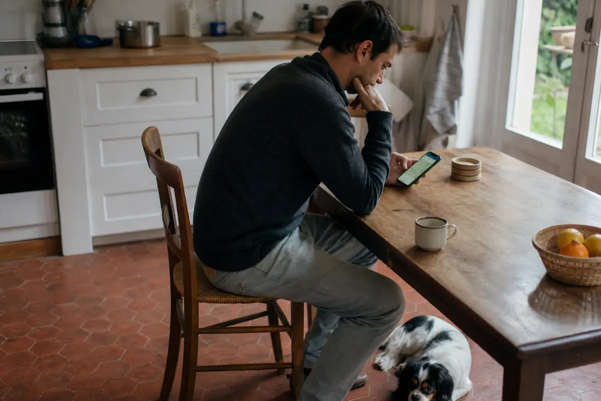 Un homme consulte l'application de suivi GPS de son chien sur son smartphone à sa table de cuisine