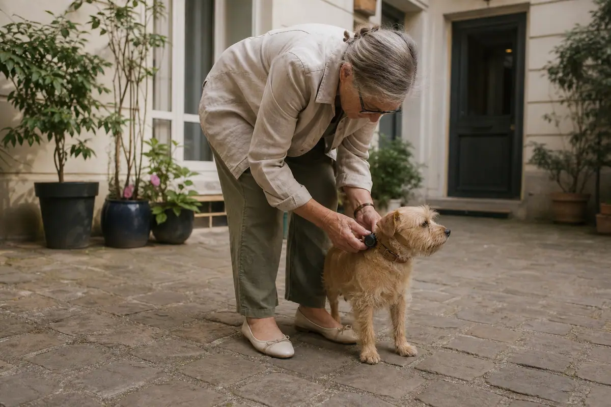 Une femme âgée fixe un petit boîtier GPS sur le collier de son petit chien dans une cour d'immeuble