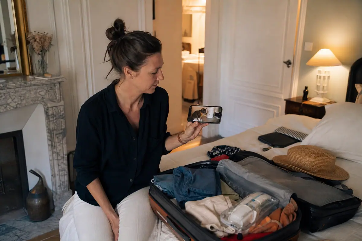 Une femme prépare sa valise en vérifiant sur son téléphone que son chat mange bien grâce à la caméra du distributeur