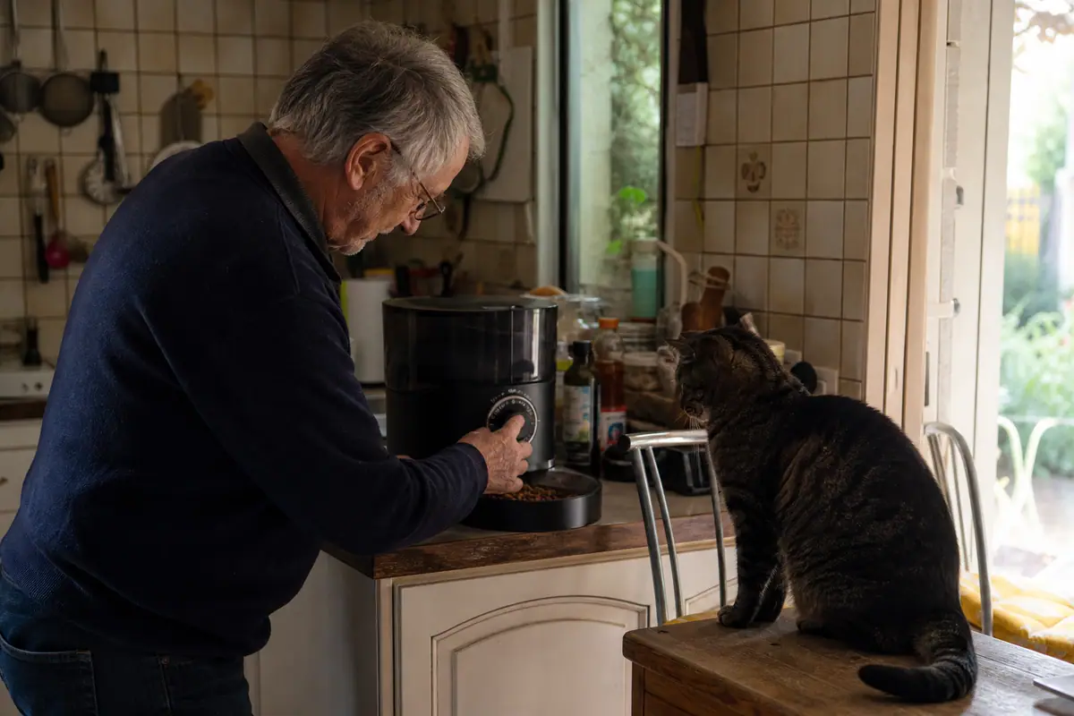 Un homme règle la molette d'un distributeur de croquettes mécanique pendant que son chat attend