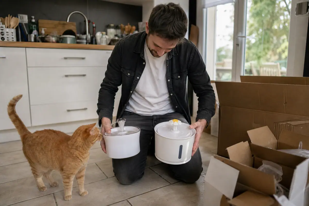 Un homme compare deux fontaines à eau pour chat tandis que son chat roux renifle l'une d'elles