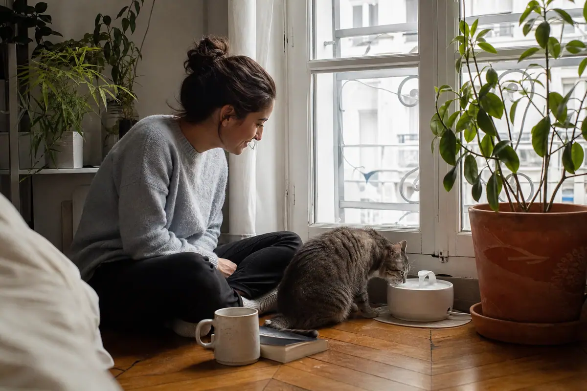 Une jeune femme assise par terre regarde son chat tigré boire à une fontaine à eau dans un appartement lumineux