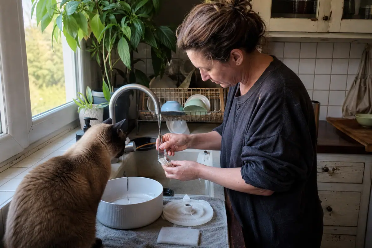 Une femme nettoie la pompe d'une fontaine à eau démontée sous le regard de son chat siamois
