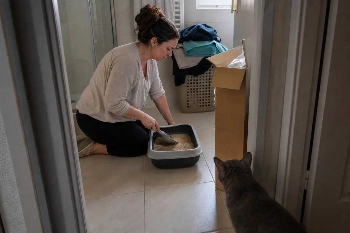 Une femme ramasse la litière classique de son chat dans la salle de bains, sous le regard de l'animal