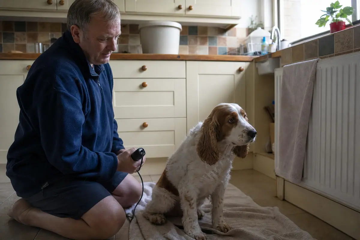 Un homme s'apprête à tondre son chien assis sur une serviette dans sa cuisine
