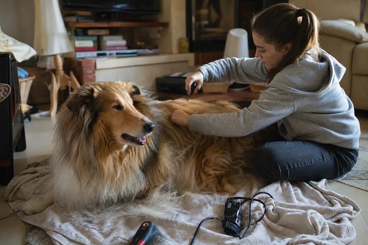 Une adolescente démêle le poil long et épais d'un chien avant de le tondre