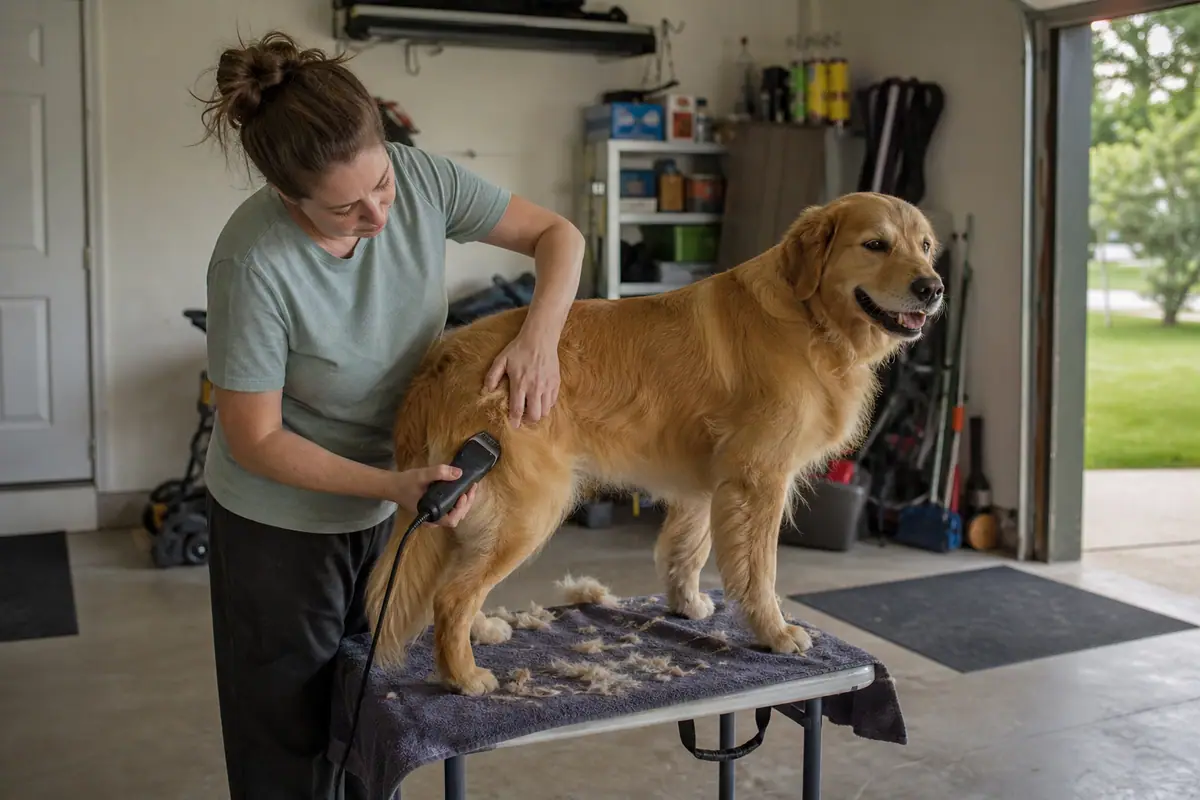 Une femme tond un chien avec une tondeuse électrique sur une table de toilettage installée dans un garage
