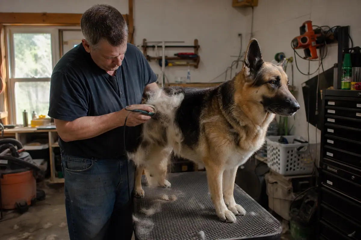 Un homme tond le sous-poil épais d'un chien de type berger sur une table de toilettage