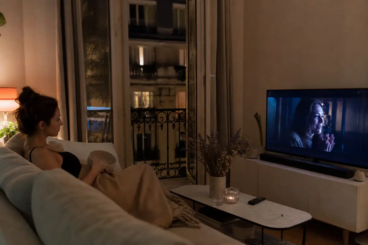 Une jeune femme regarde la télévision le soir dans un petit appartement équipé d'une barre de son compacte