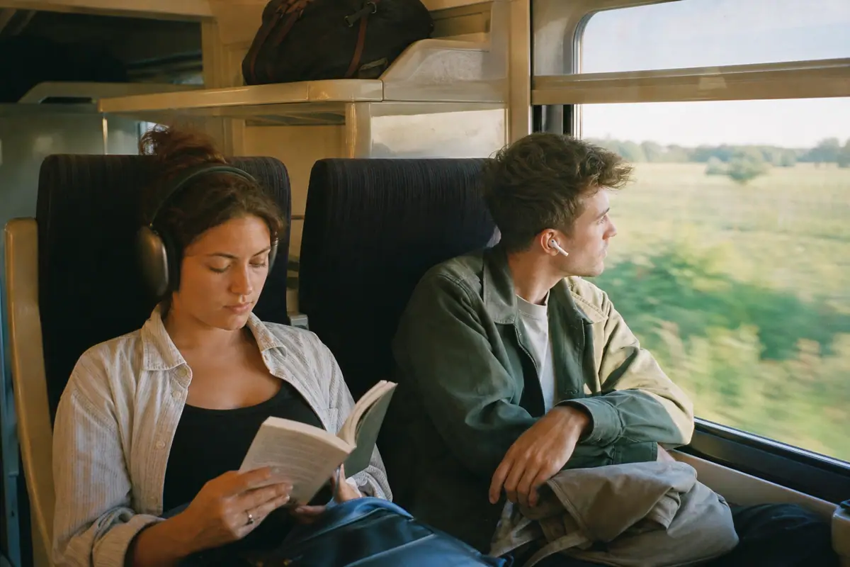 Dans un train, une jeune femme porte un casque et son compagnon des écouteurs sans fil
