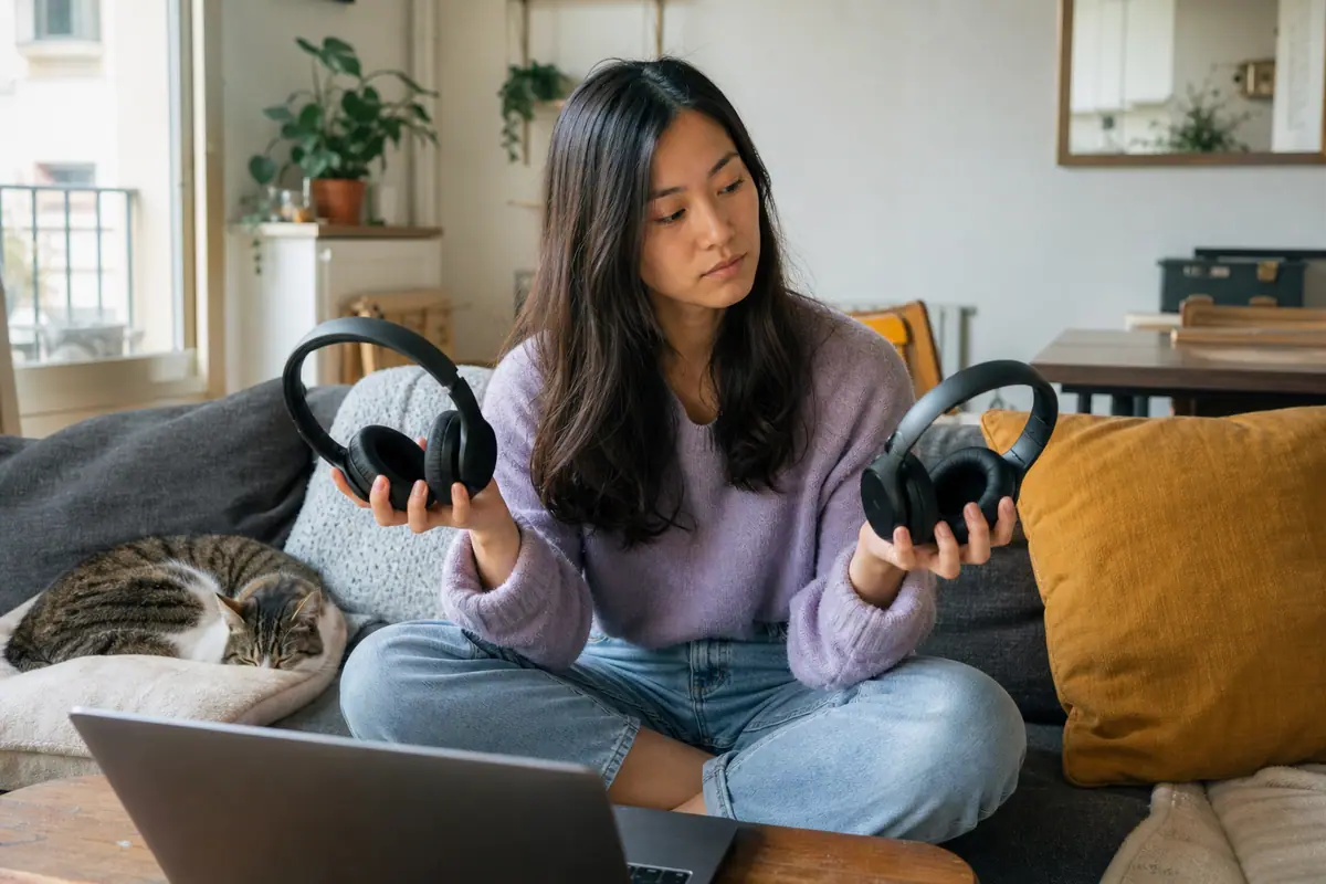 Une jeune femme assise sur son canapé tient un casque dans chaque main pour les comparer