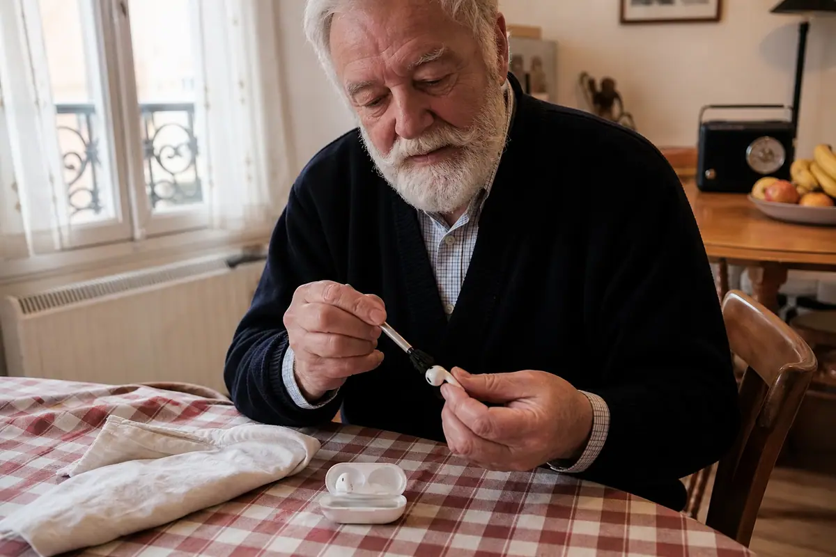 Un homme âgé nettoie soigneusement un écouteur sans fil avec une petite brosse sur la table de sa cuisine