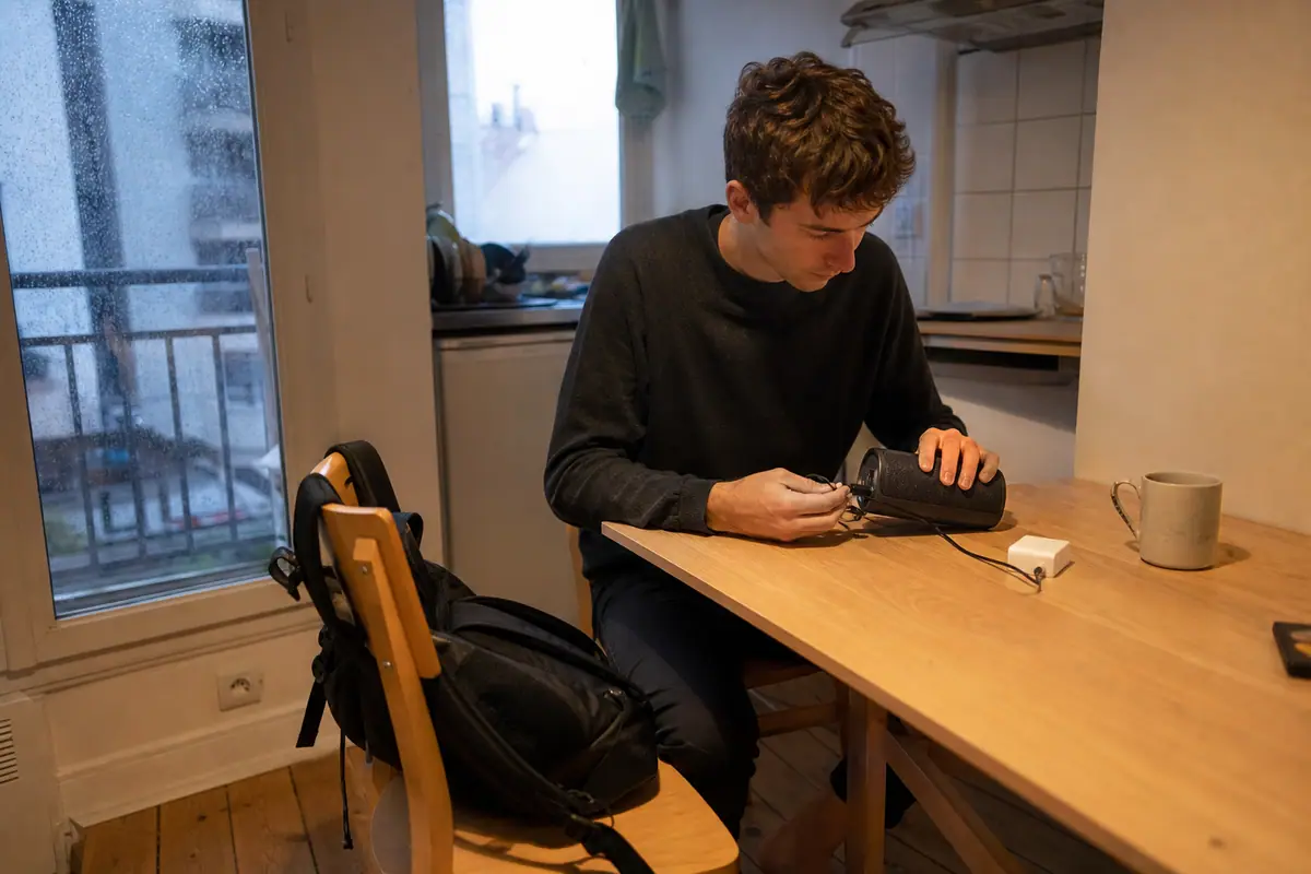 Un jeune homme recharge son enceinte portable sur la table de sa cuisine un jour de pluie