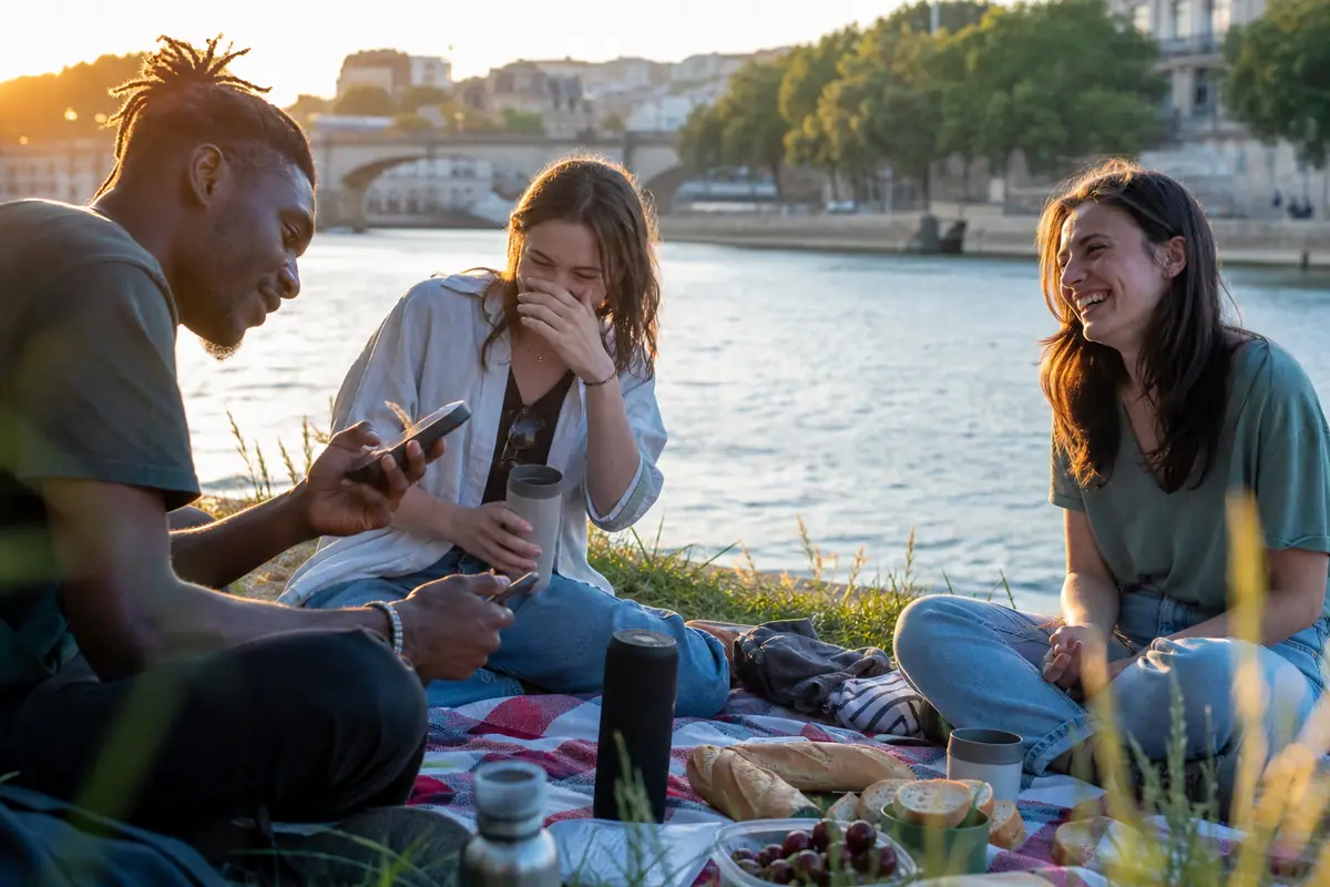 Des amis pique-niquent au bord d'une rivière avec une petite enceinte Bluetooth posée sur la nappe