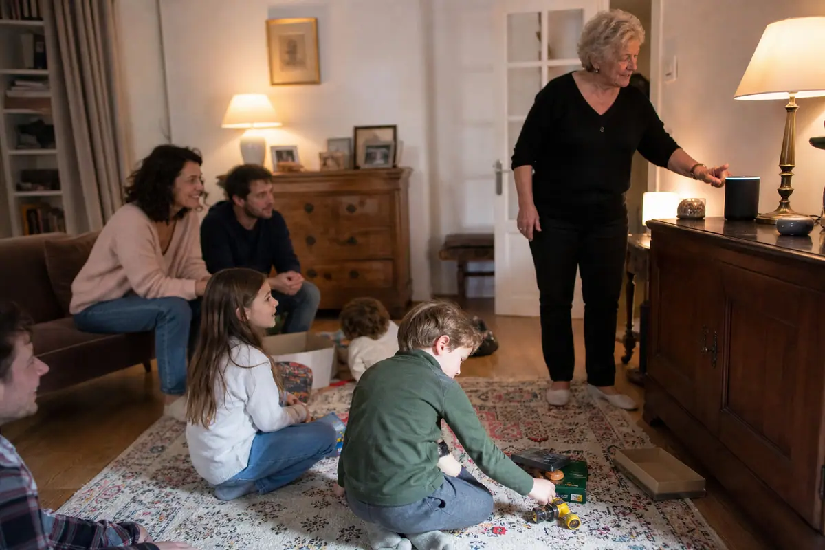 Une grand mère pose une question à voix haute à une enceinte connectée entourée de ses petits enfants