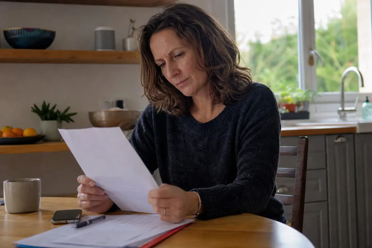 Une femme consulte sa facture d'électricité à sa table de cuisine, une enceinte connectée visible en arrière plan