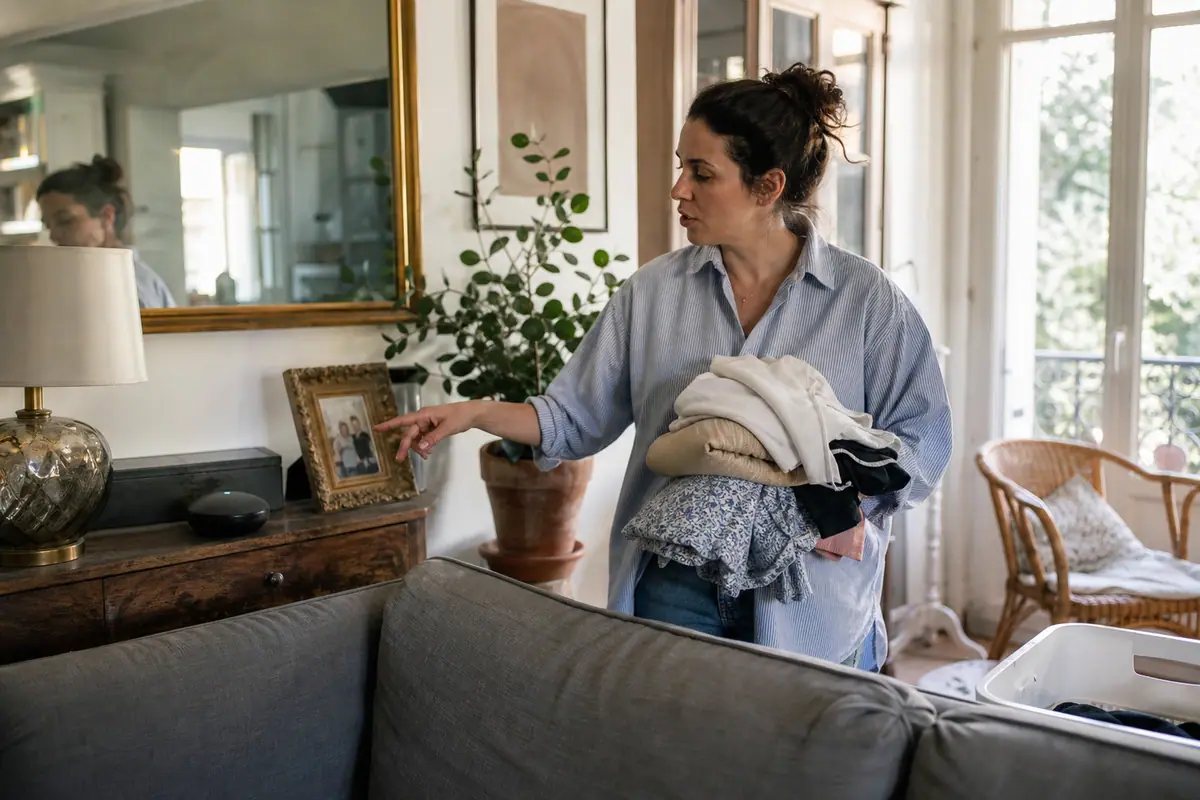 Une femme donne une commande vocale à une enceinte connectée posée sur une étagère de son salon