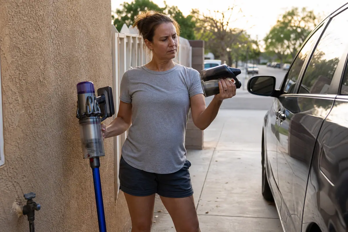 Une femme hésite entre son aspirateur balai et un petit aspirateur de voiture dans son allée
