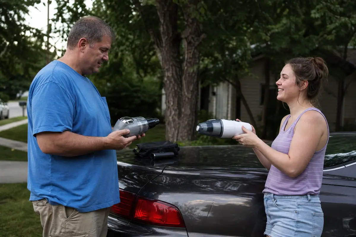 Deux voisins comparent deux aspirateurs à main sur le coffre d'une voiture