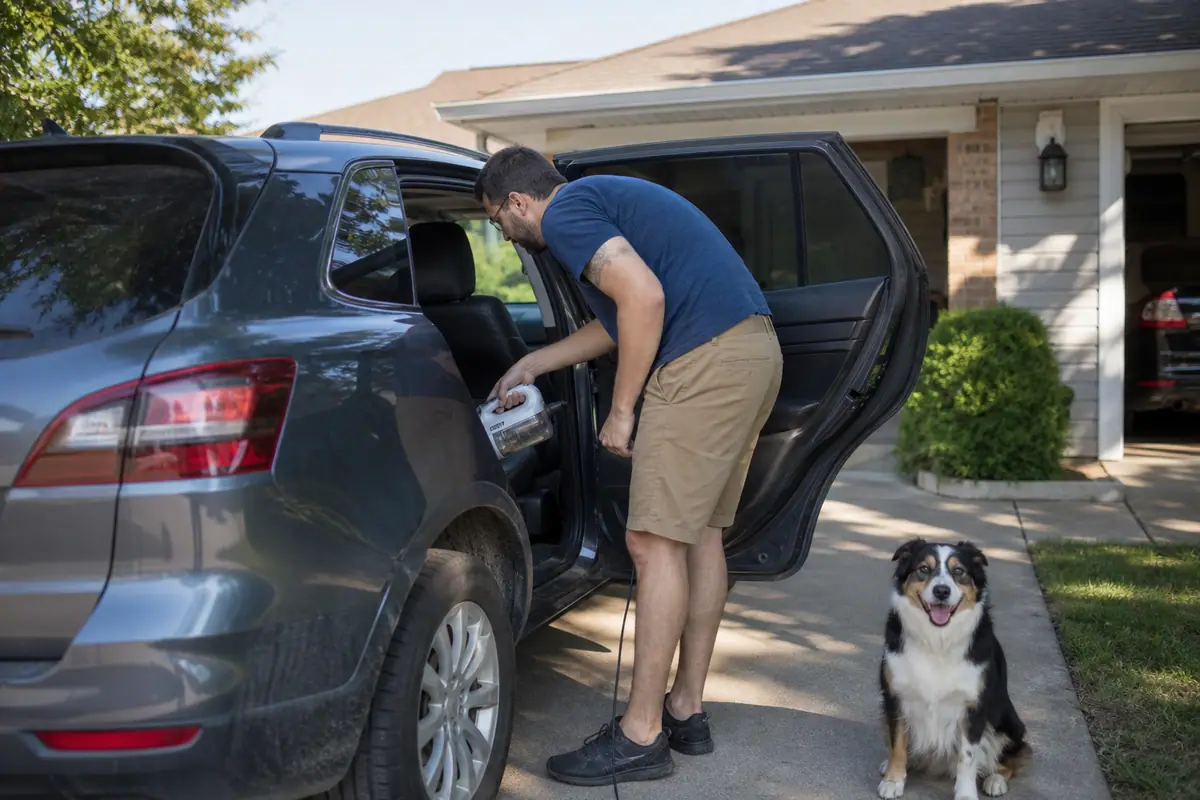 Un homme aspire les poils de son chien sur la banquette arrière de sa voiture