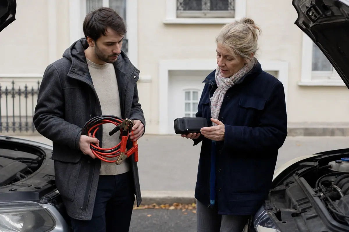 Deux automobilistes comparent des câbles de démarrage classiques et un booster de batterie portable