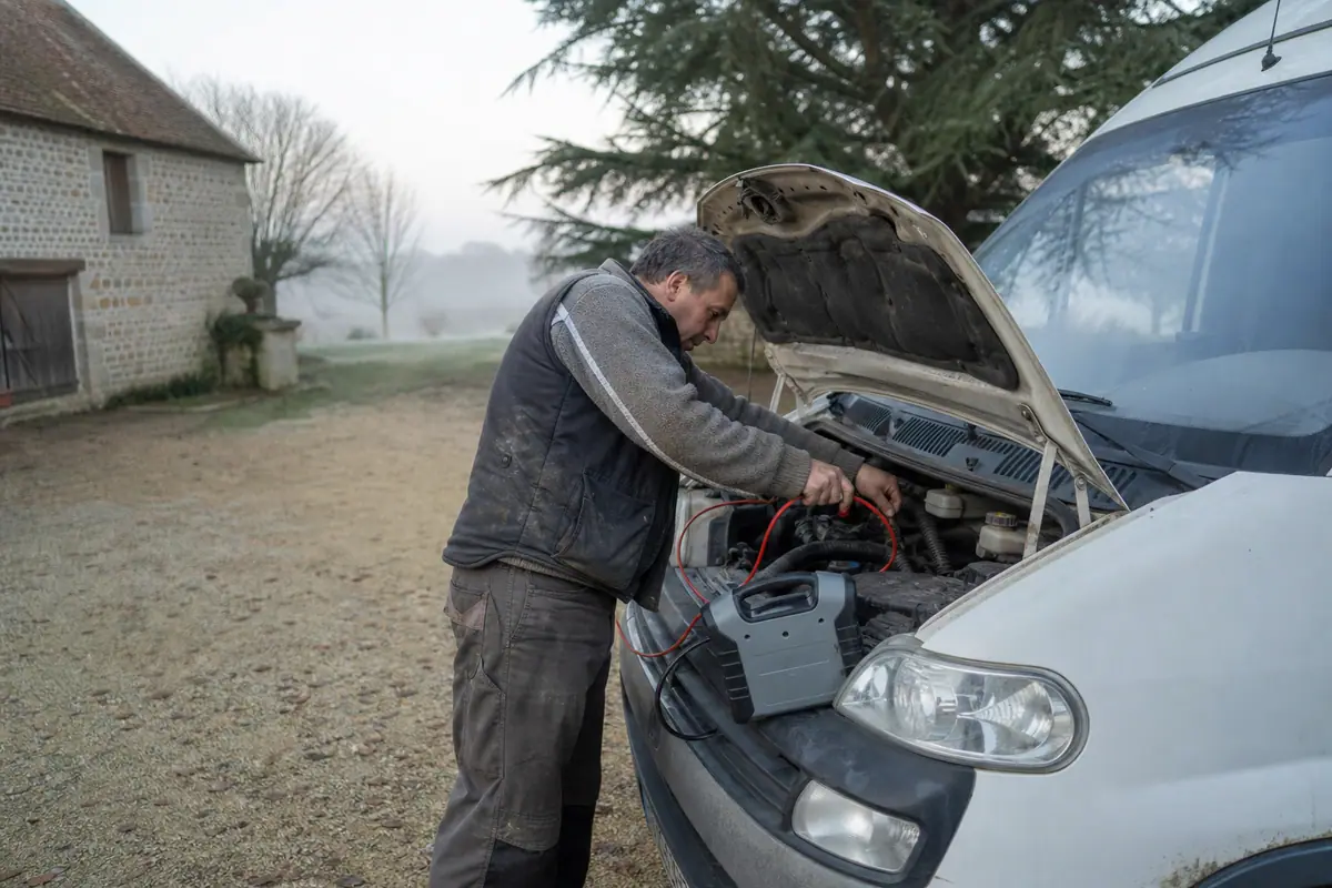 Un homme démarre un utilitaire diesel à l'aide d'un booster de batterie dans une cour de campagne au petit matin