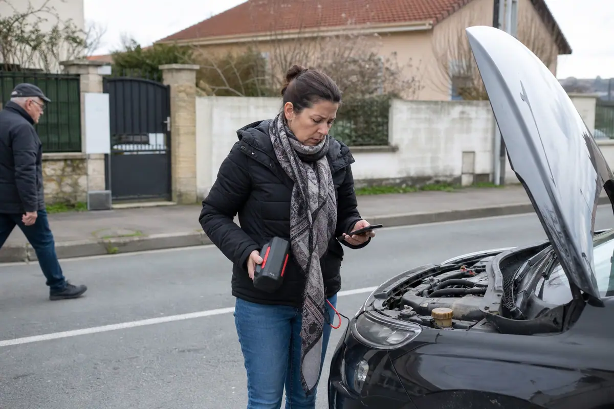 Une femme se tient devant le capot ouvert de sa voiture en panne dans une rue résidentielle