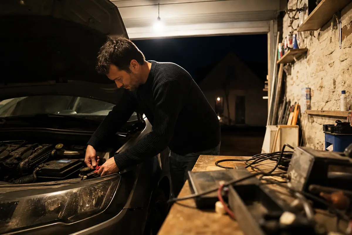 Un homme branche un chargeur de batterie sur la batterie de sa voiture dans son garage le soir