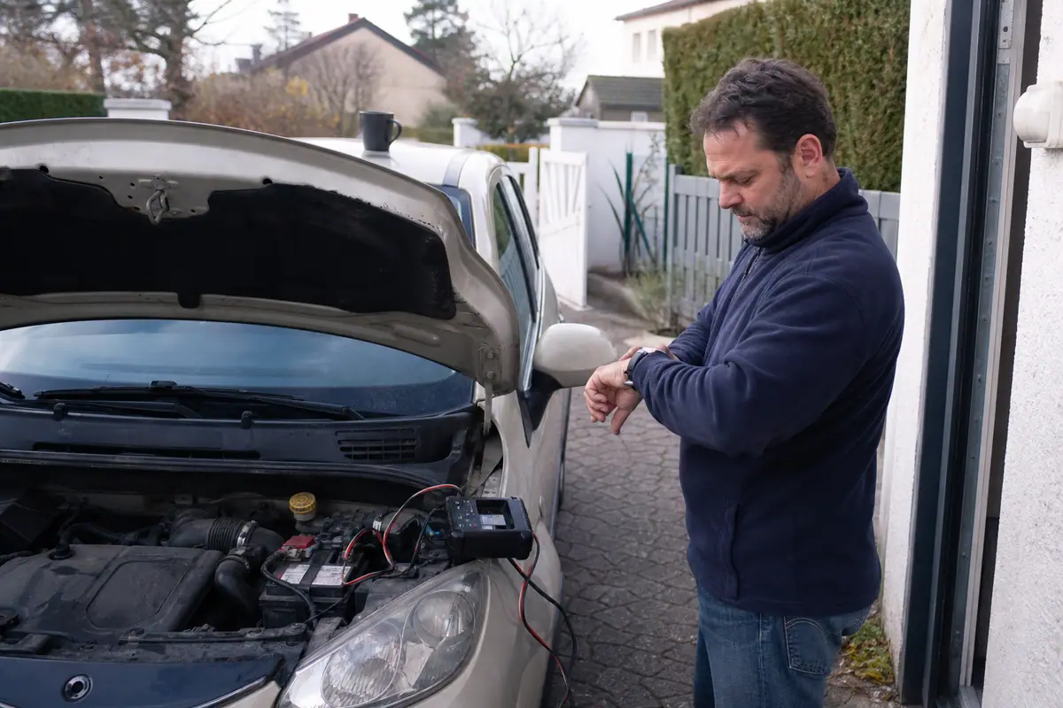 Un homme regarde sa montre en attendant que son chargeur de batterie termine la charge
