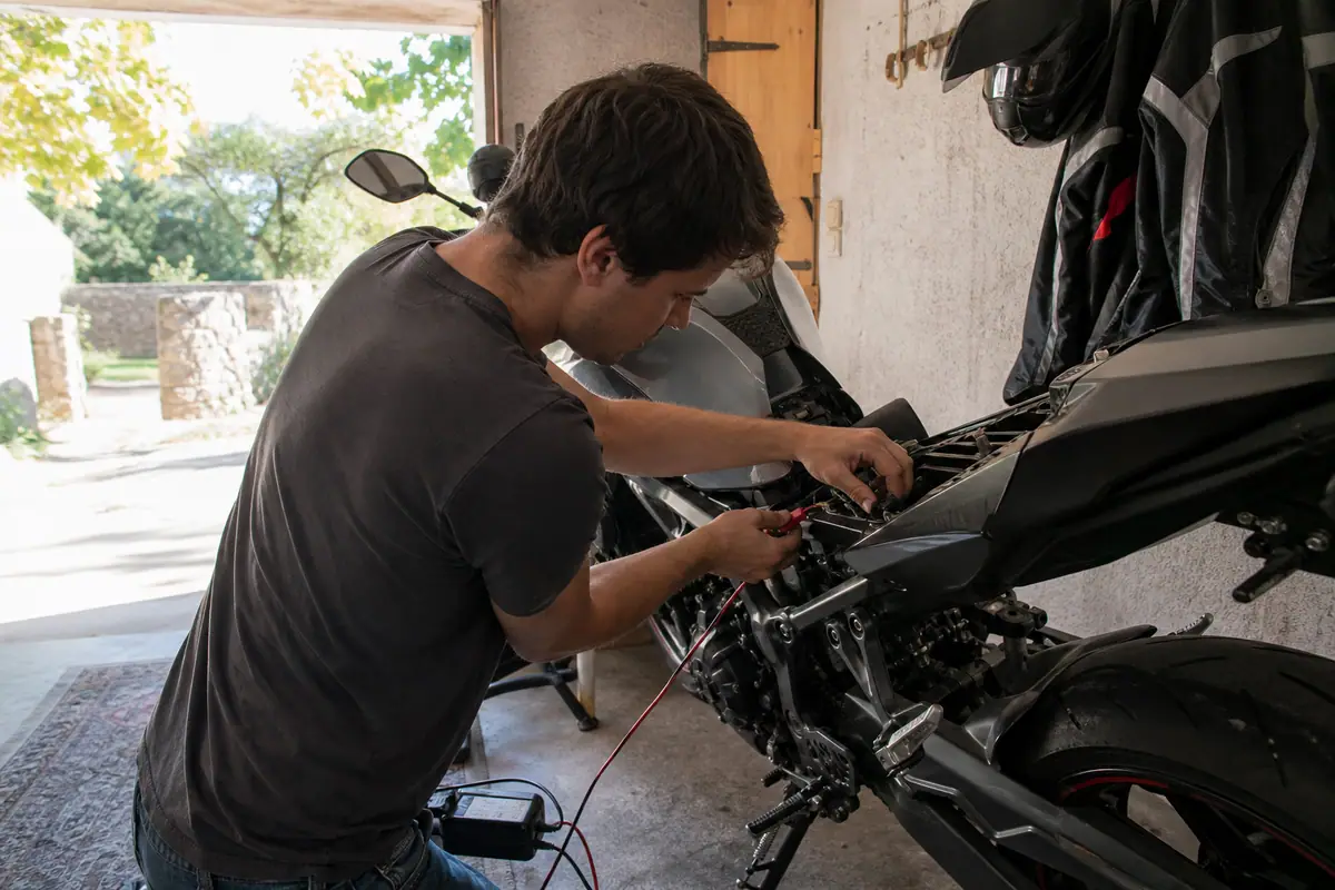 Un jeune homme branche un chargeur sur la batterie de sa moto dans son garage