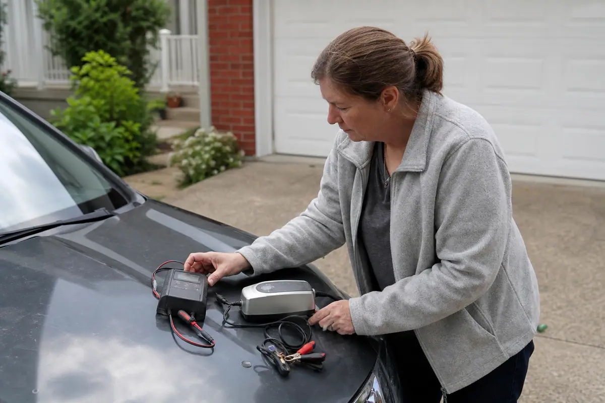 Une femme compare deux chargeurs de batterie posés sur le capot de sa voiture